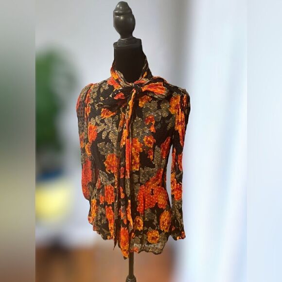 Tracy Reese NY Silk Blouse Top Tie Neck Long Sleeve Sheer Floral Size XS - Picture 15 of 16